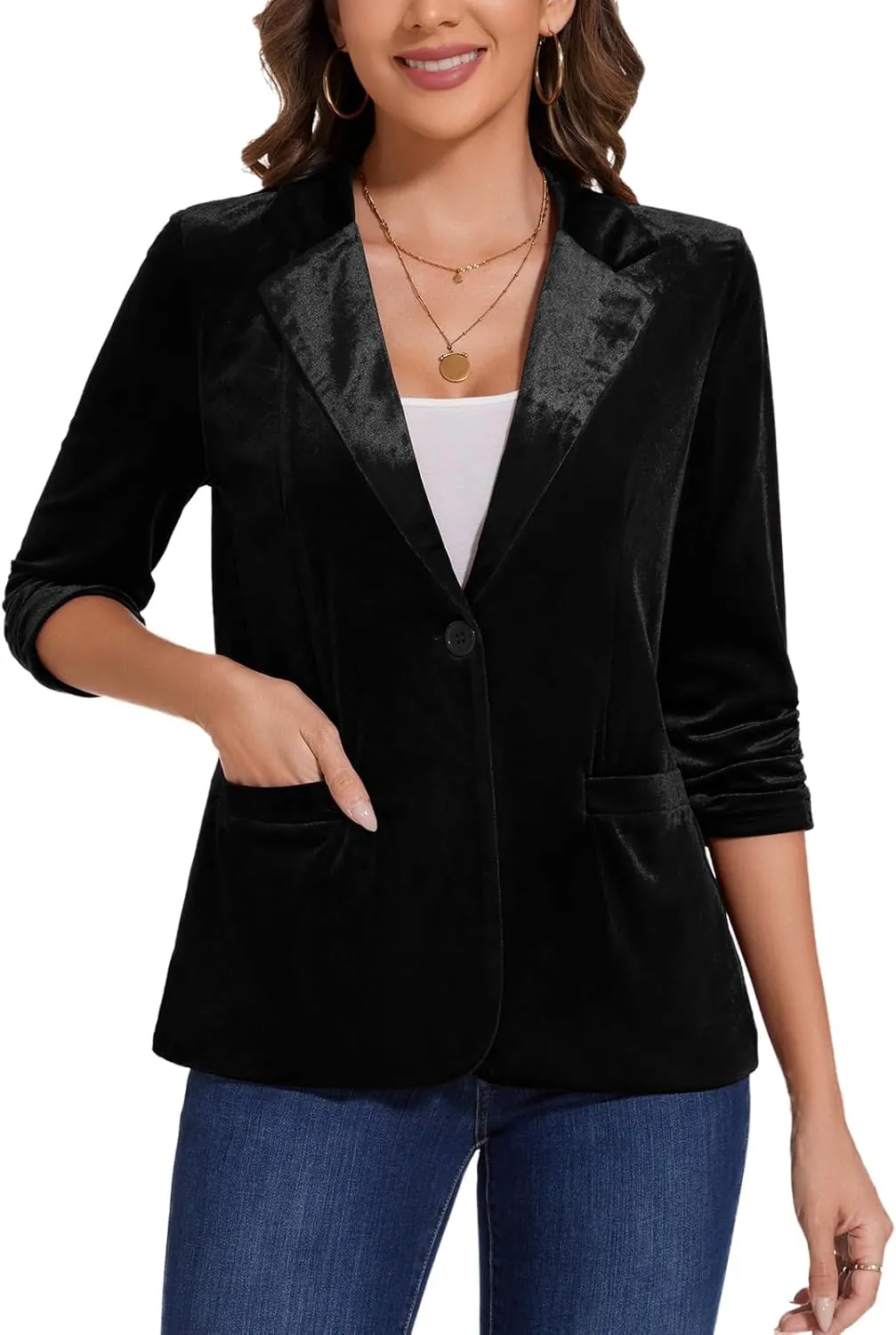MINTLIMIT Women's Velvet Blazer Ruched 3/4 Sleeve Jacket Notch Lapel Button Open Front Casual Blazers with Pockets