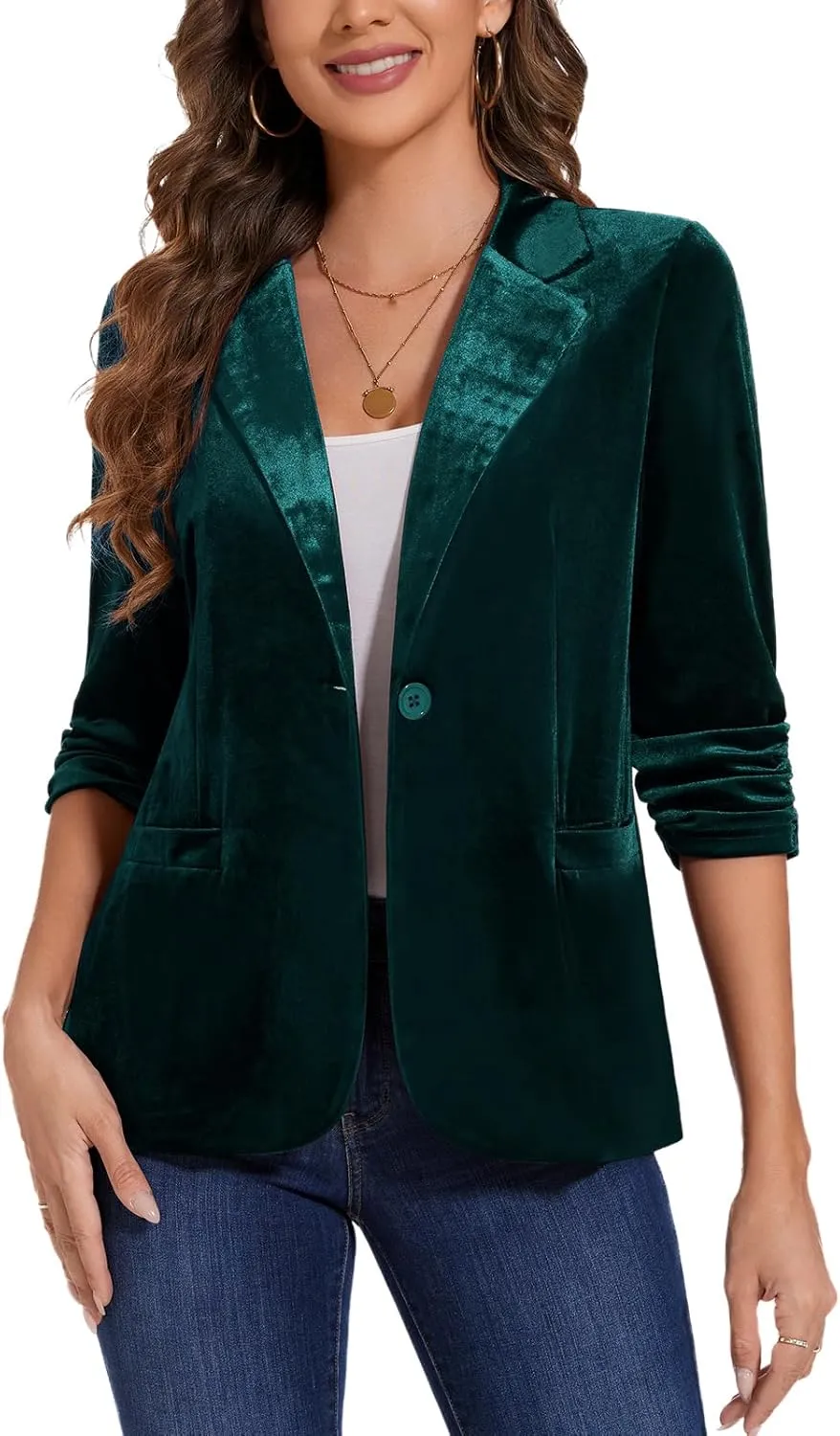 MINTLIMIT Women's Velvet Blazer Ruched 3/4 Sleeve Jacket Notch Lapel Button Open Front Casual Blazers with Pockets