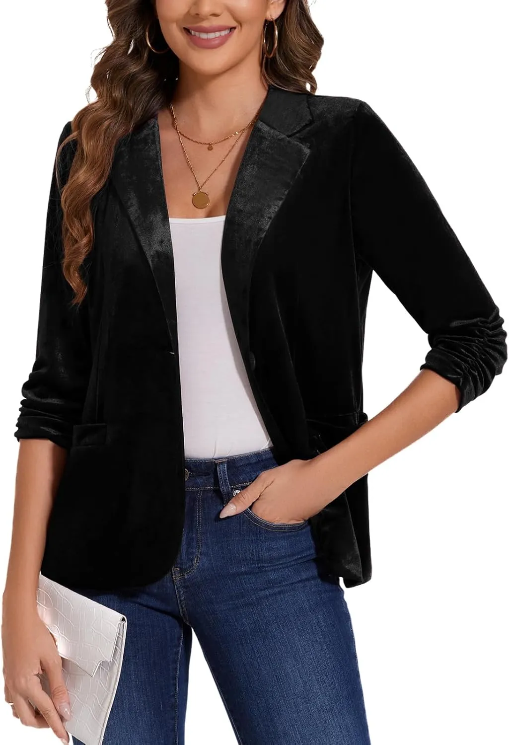 MINTLIMIT Women's Velvet Blazer Ruched 3/4 Sleeve Jacket Notch Lapel Button Open Front Casual Blazers with Pockets