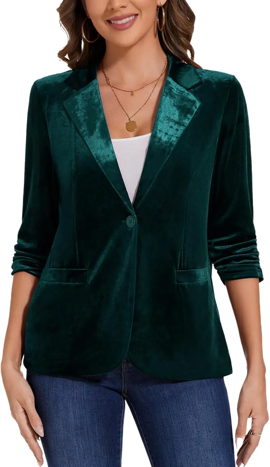 MINTLIMIT Women's Velvet Blazer Ruched 3/4 Sleeve Jacket Notch Lapel Button Open Front Casual Blazers with Pockets