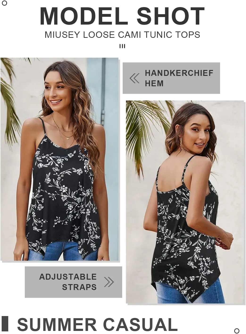 Miusey Womens Handkerchief Hem Sleeveless Flowy Tunic Tops Summer Casual Adjustable Spaghetti Strap Camisoles Long Tank Tops