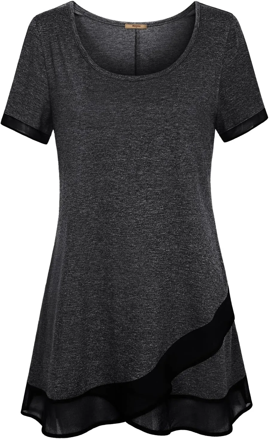 Miusey Womens Short Sleeve Tunic Tops Scoop Neck Asymmetrical Hem Tunics Chiffon Patchwork Flowy Tunic Shirts for Leggings