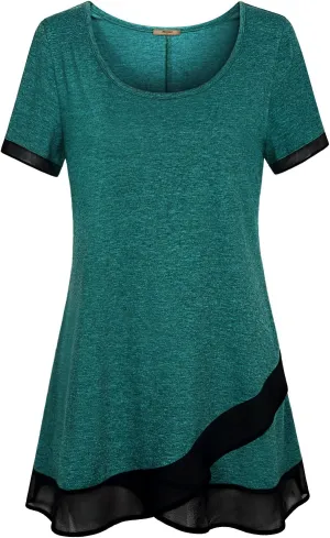 Miusey Womens Short Sleeve Tunic Tops Scoop Neck Asymmetrical Hem Tunics Chiffon Patchwork Flowy Tunic Shirts for Leggings