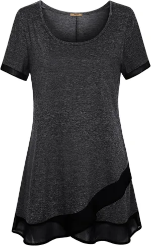 Miusey Womens Short Sleeve Tunic Tops Scoop Neck Asymmetrical Hem Tunics Chiffon Patchwork Flowy Tunic Shirts for Leggings
