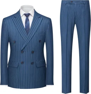 MOGU Mens Double Breasted Pinstripe Suit 2 Piece Slim Fit Tuxedo Formal Jacket and Pants for Business Wedding Prom