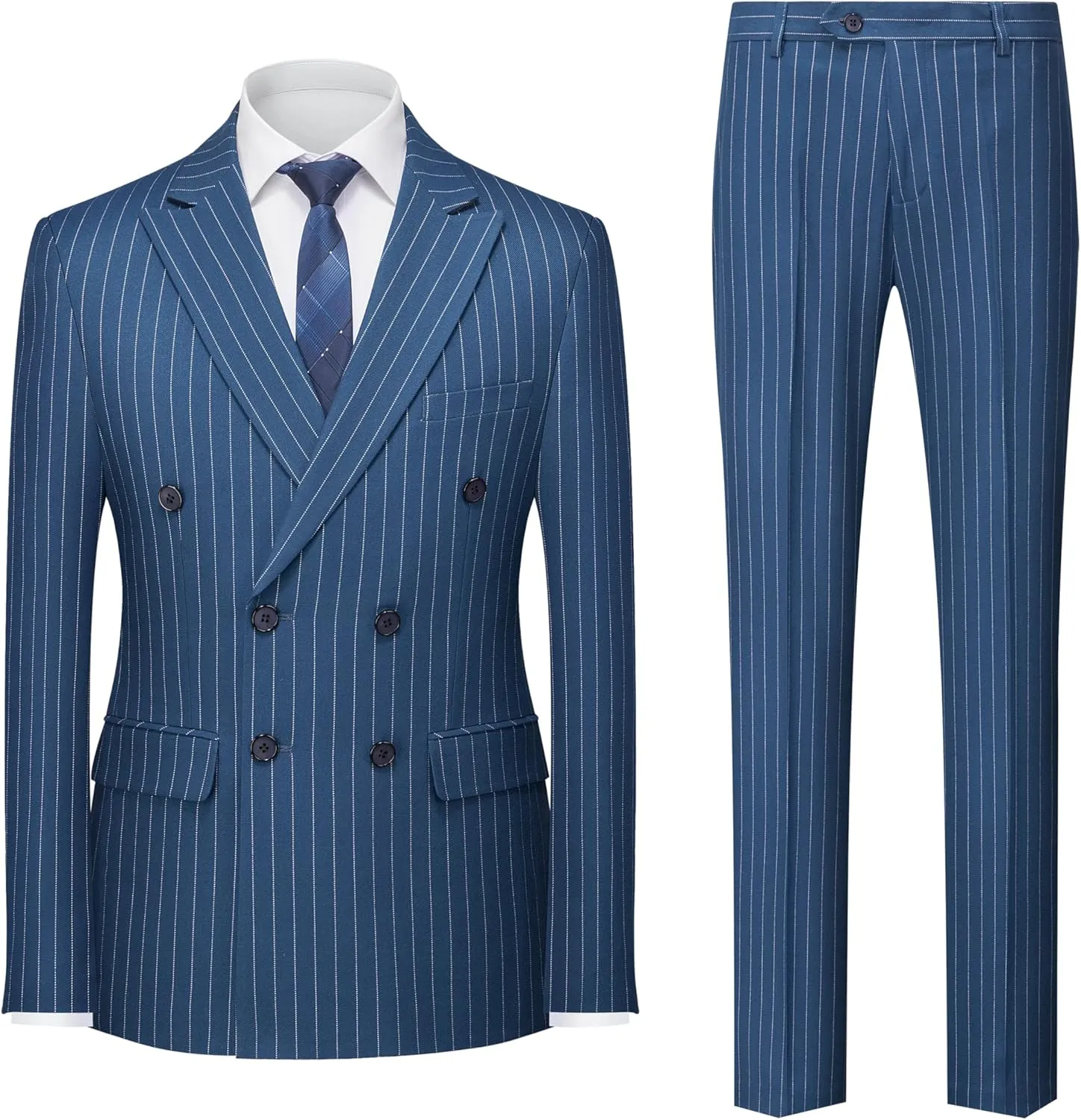 MOGU Mens Double Breasted Pinstripe Suit 2 Piece Slim Fit Tuxedo Formal Jacket and Pants for Business Wedding Prom