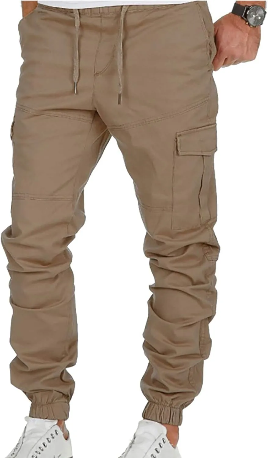 Muscularfit Hiking Pants for Men 2203 Drawstring Elastic Waist Slacks Tapered Multi Pockets Cargo Pants Casual Solid Trousers