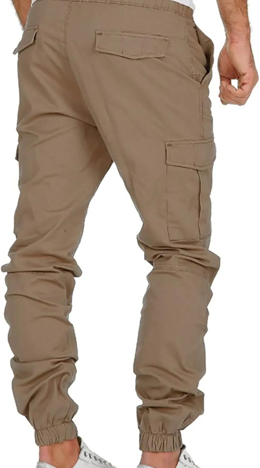 Muscularfit Hiking Pants for Men 2203 Drawstring Elastic Waist Slacks Tapered Multi Pockets Cargo Pants Casual Solid Trousers