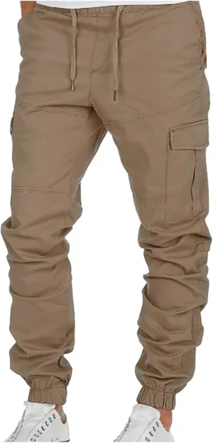 Muscularfit Hiking Pants for Men 2203 Drawstring Elastic Waist Slacks Tapered Multi Pockets Cargo Pants Casual Solid Trousers