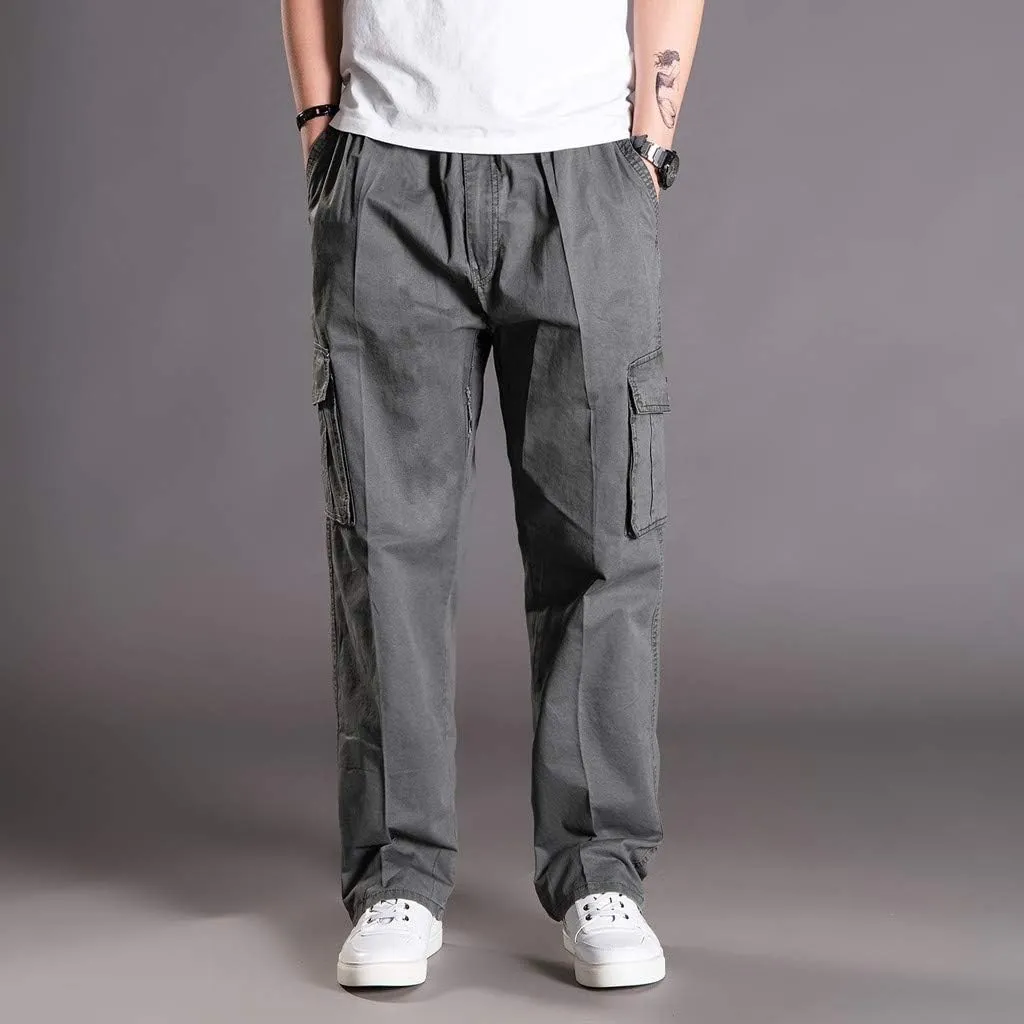 Muscularfit Men's Athletic Pants Casual Elastic Waist Linen Pants Regular Big and Tall Multi Pockets Solid Cargo Pants 2023