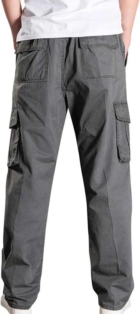 Muscularfit Men's Athletic Pants Casual Elastic Waist Linen Pants Regular Big and Tall Multi Pockets Solid Cargo Pants 2023