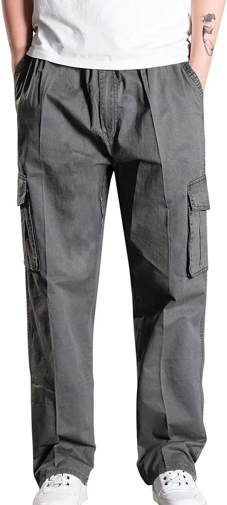 Muscularfit Men's Athletic Pants Casual Elastic Waist Linen Pants Regular Big and Tall Multi Pockets Solid Cargo Pants 2023