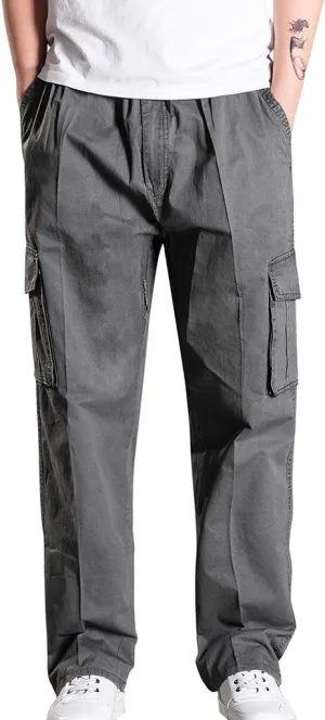 Muscularfit Men's Athletic Pants Casual Elastic Waist Linen Pants Regular Big and Tall Multi Pockets Solid Cargo Pants 2023