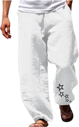 Muscularfit Mens Pants Slim Fit Cotton Linen Drawstring Elastic Waist Loose Solid Trousers Regular Fit Lounge Straight Legs