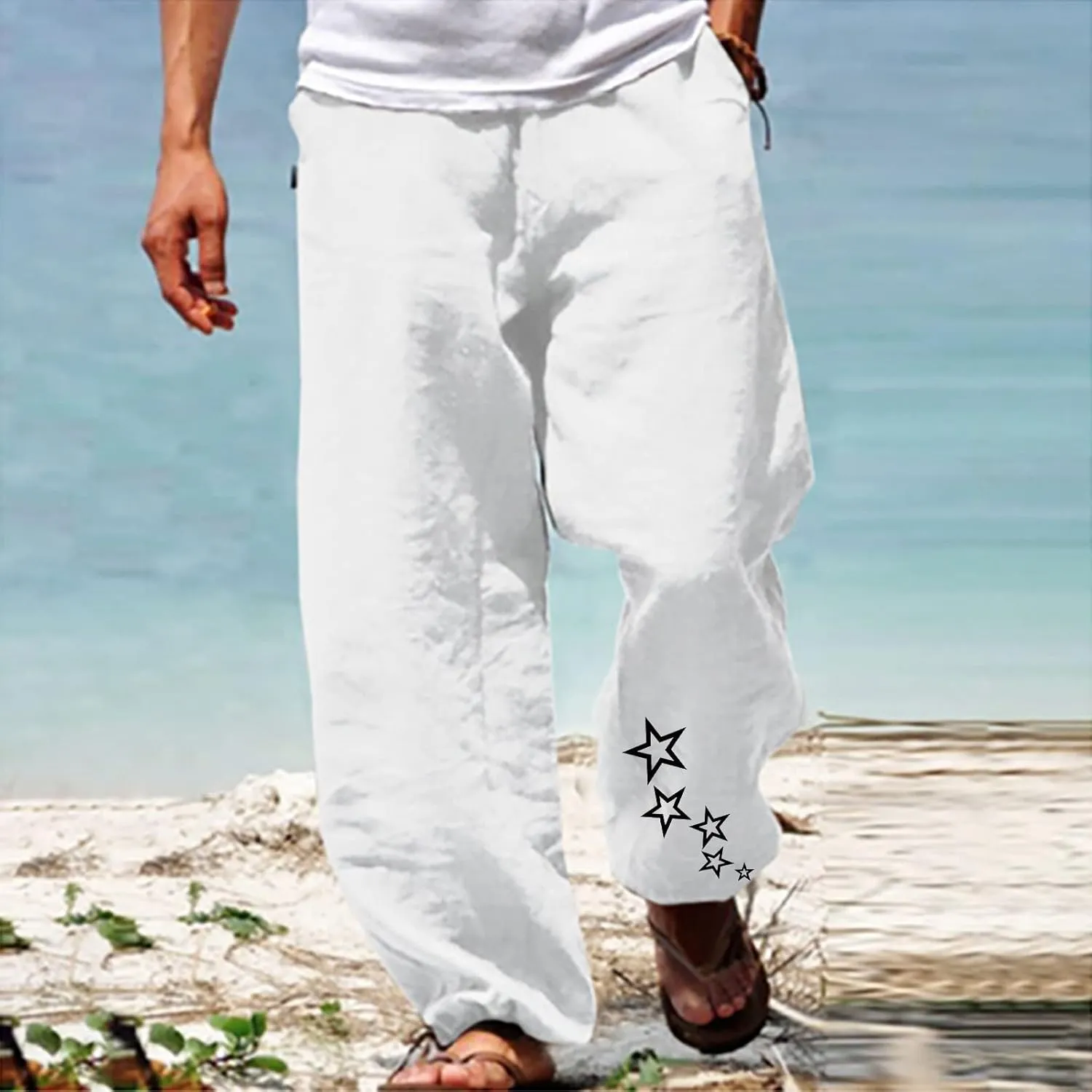 Muscularfit Mens Pants Slim Fit Cotton Linen Drawstring Elastic Waist Loose Solid Trousers Regular Fit Lounge Straight Legs
