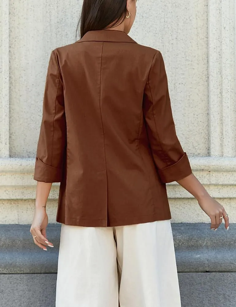 Mywinway Womens Casual 3/4 Sleeve Lightweight Summer Spring Cotton Linen Blazer Jackets