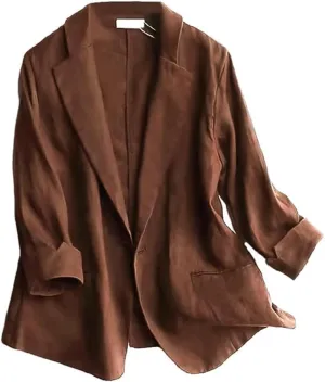 Mywinway Womens Casual 3/4 Sleeve Lightweight Summer Spring Cotton Linen Blazer Jackets