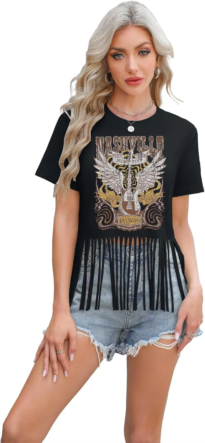 Nashville Tshirt for Women Country Concert Shirt Cowgirl West Music Rock Band Tee Vintage Graphic Fringe Tassel Top