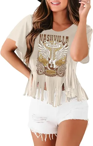Nashville Tshirt for Women Country Concert Shirt Cowgirl West Music Rock Band Tee Vintage Graphic Fringe Tassel Top