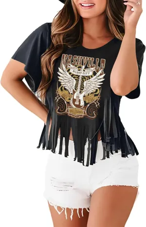 Nashville Tshirt for Women Country Concert Shirt Cowgirl West Music Rock Band Tee Vintage Graphic Fringe Tassel Top