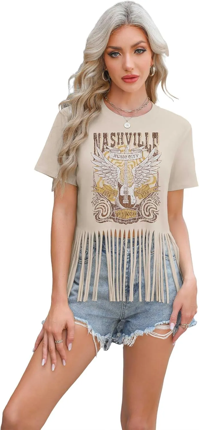 Nashville Tshirt for Women Country Concert Shirt Cowgirl West Music Rock Band Tee Vintage Graphic Fringe Tassel Top