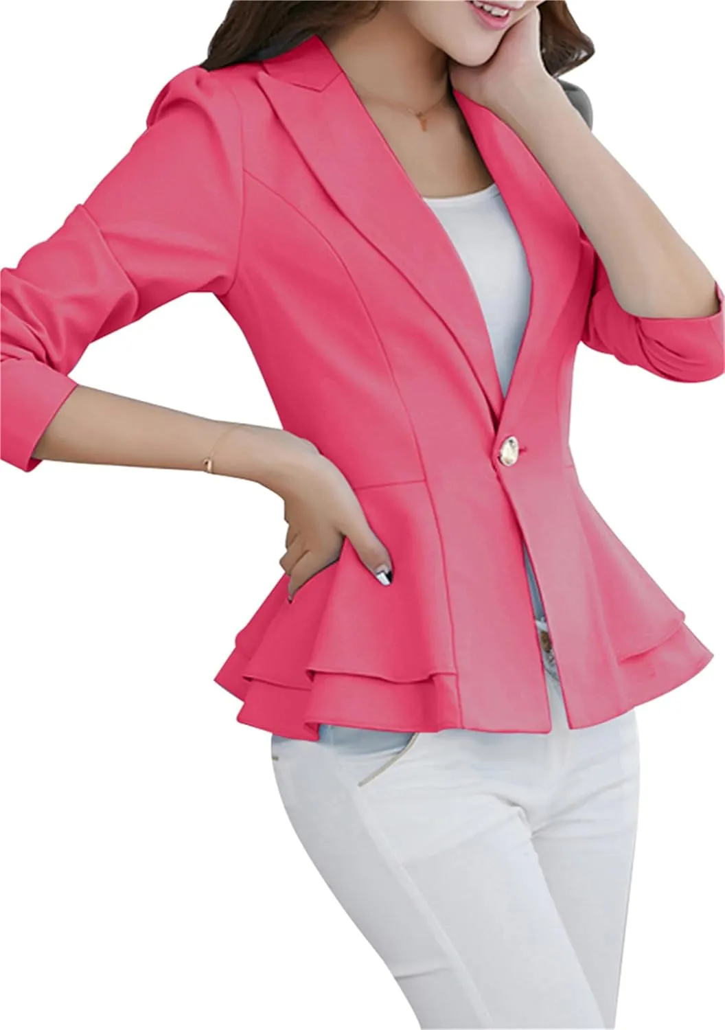 OMZIN Women Casual Suit Jacket Dressy Double Notch Lapel Jacket Single Button Peplum Comfy Blazer