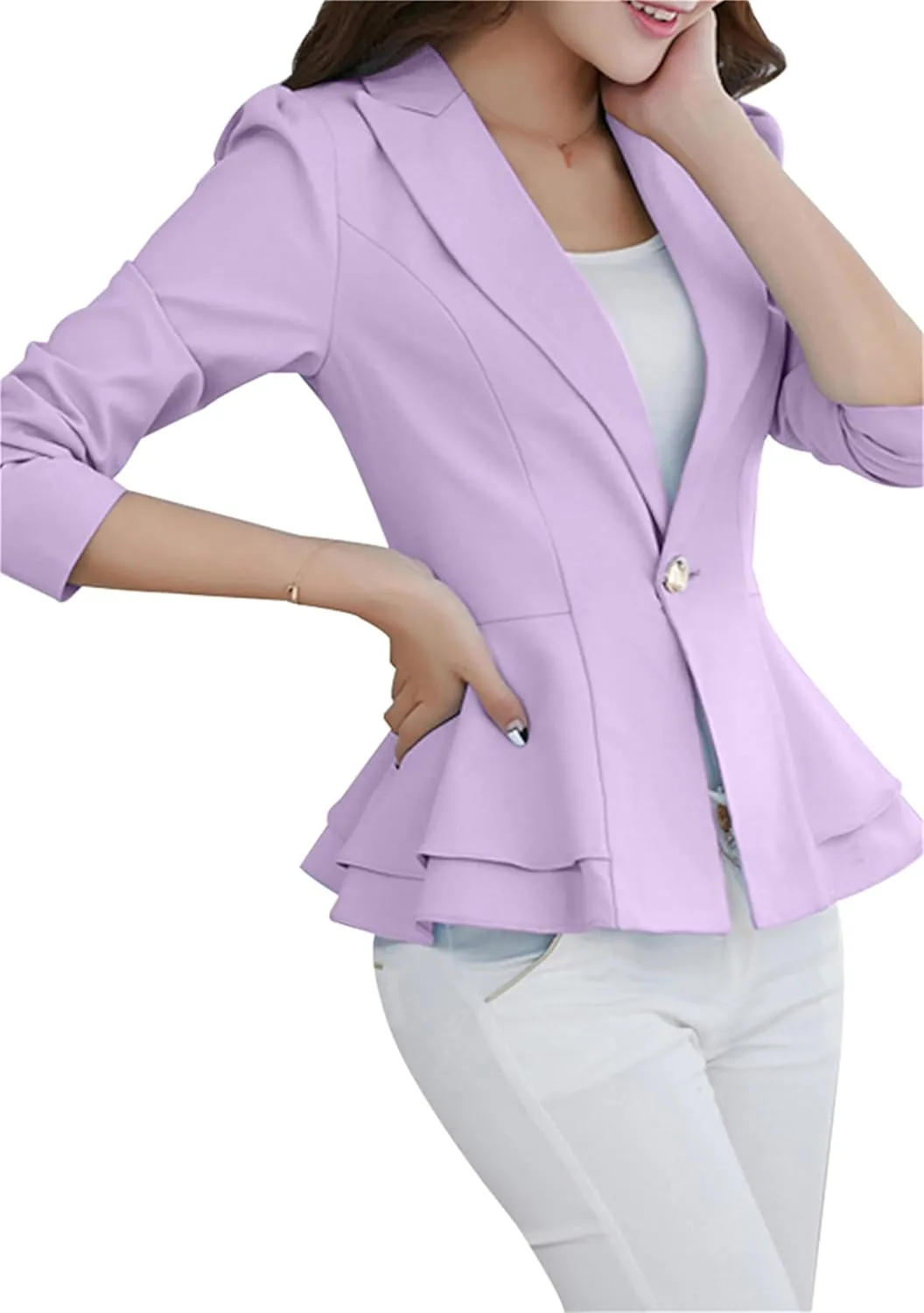 OMZIN Women Casual Suit Jacket Dressy Double Notch Lapel Jacket Single Button Peplum Comfy Blazer