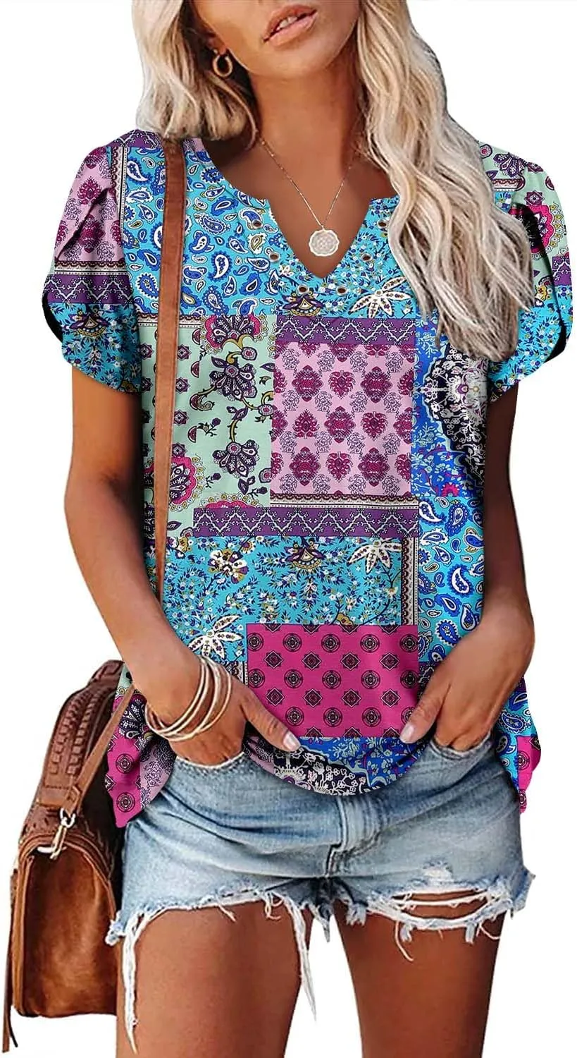 onlypuff Summer Top for Women V Neck Short Sleeve Shirts Flowy Tunic Tops