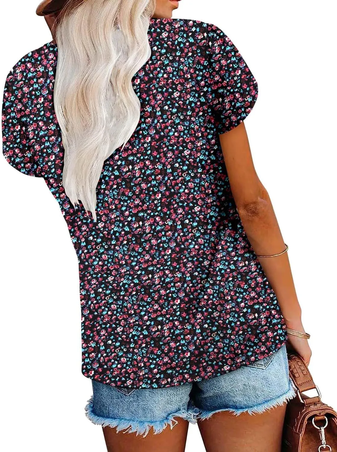 onlypuff Summer Top for Women V Neck Short Sleeve Shirts Flowy Tunic Tops