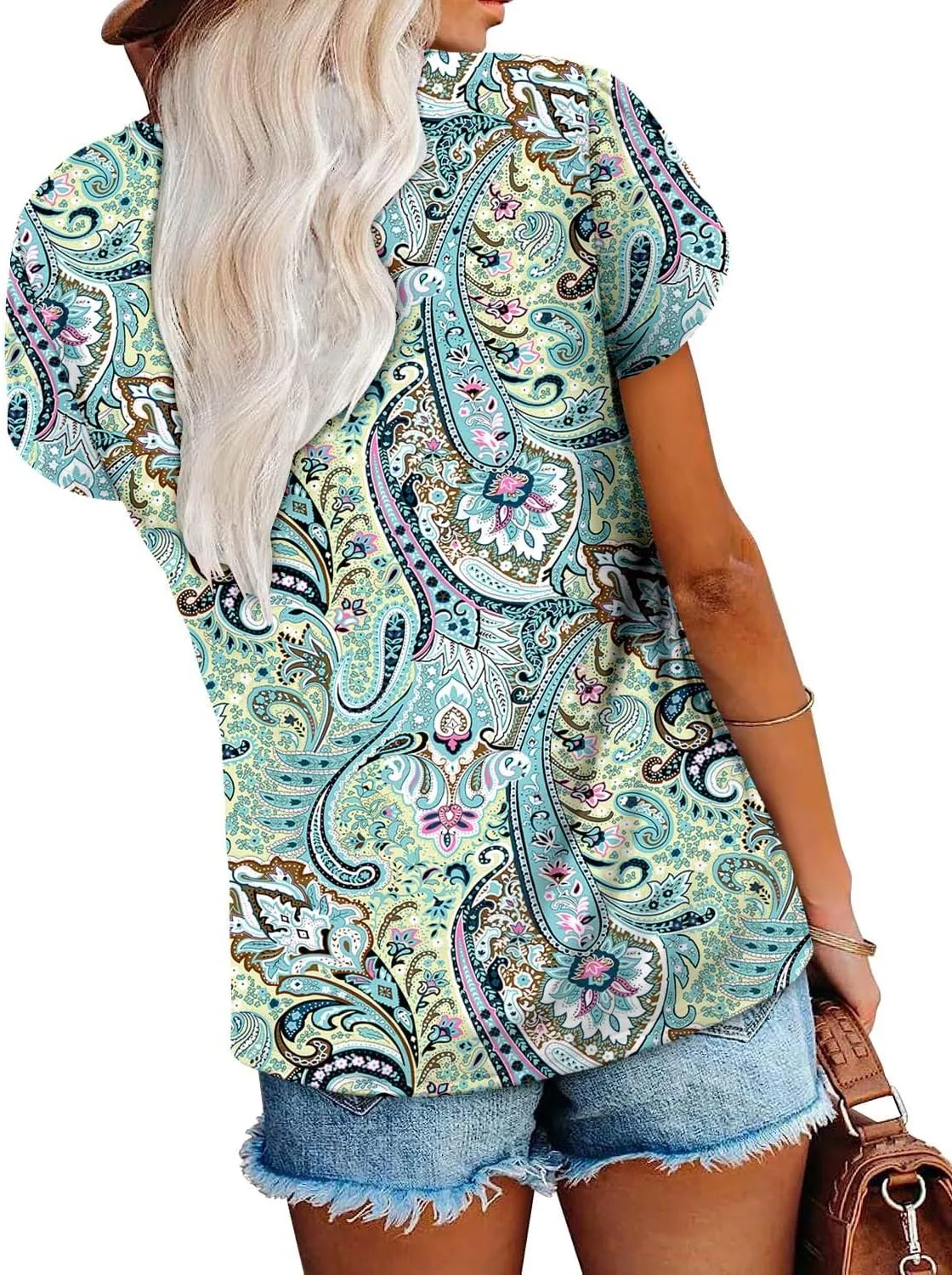 onlypuff Summer Top for Women V Neck Short Sleeve Shirts Flowy Tunic Tops