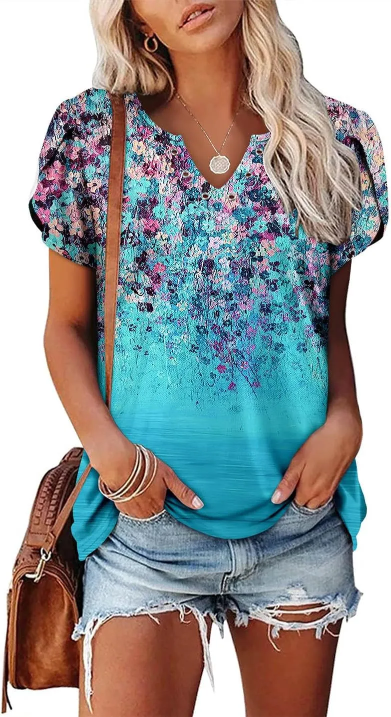 onlypuff Summer Top for Women V Neck Short Sleeve Shirts Flowy Tunic Tops
