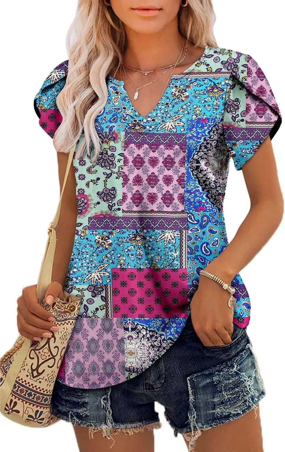 onlypuff Summer Top for Women V Neck Short Sleeve Shirts Flowy Tunic Tops