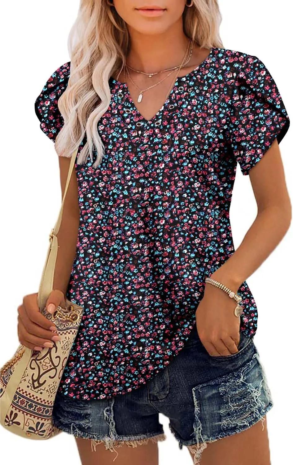 onlypuff Summer Top for Women V Neck Short Sleeve Shirts Flowy Tunic Tops
