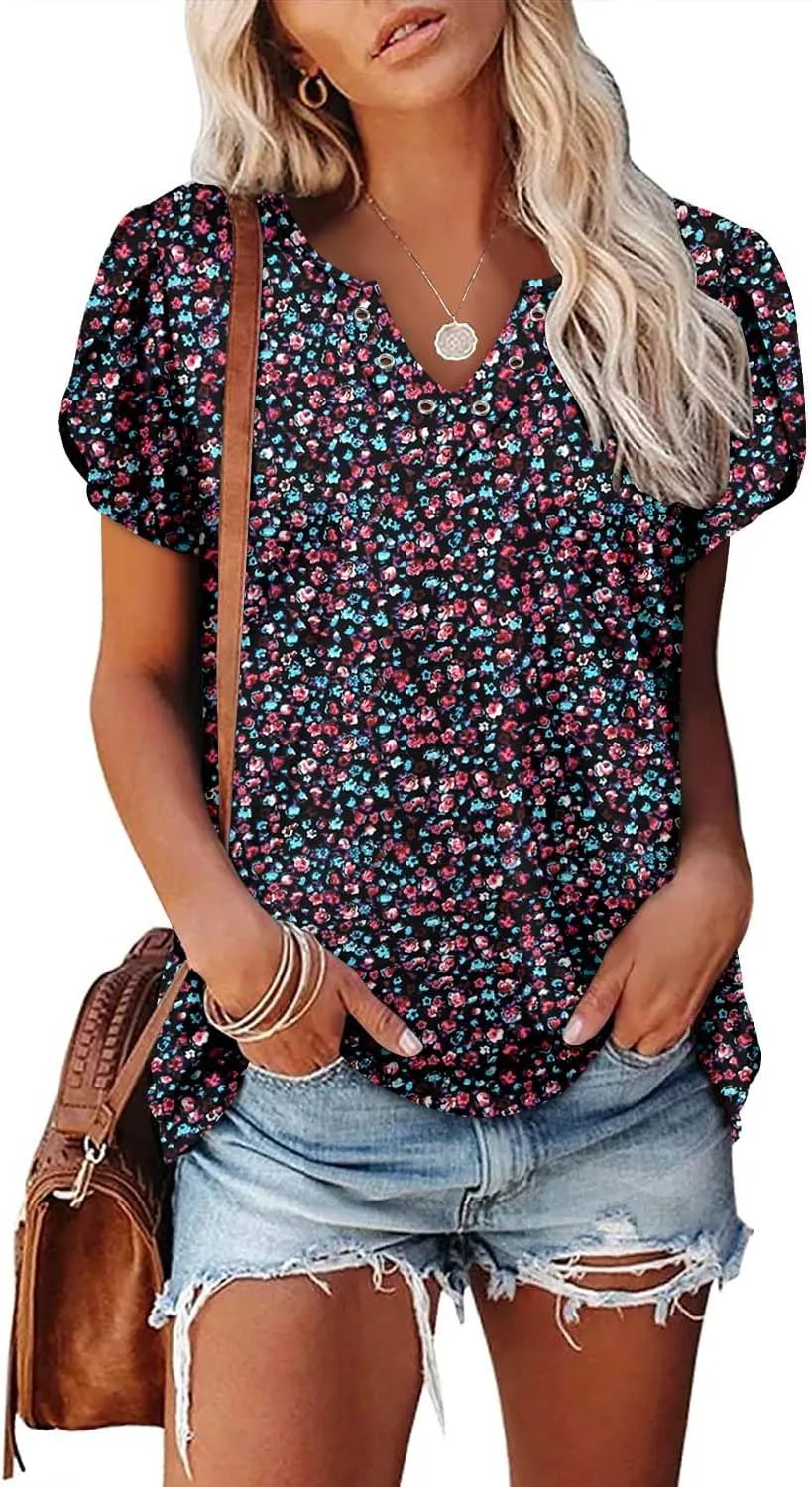onlypuff Summer Top for Women V Neck Short Sleeve Shirts Flowy Tunic Tops