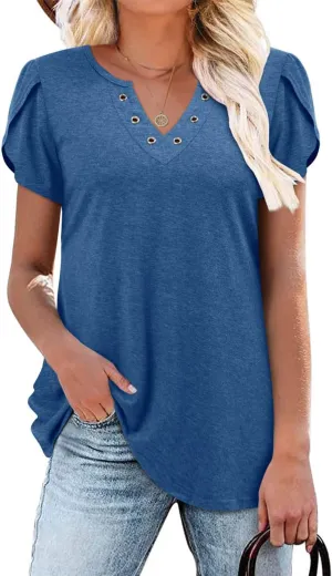 onlypuff Summer Top for Women V Neck Short Sleeve Shirts Flowy Tunic Tops