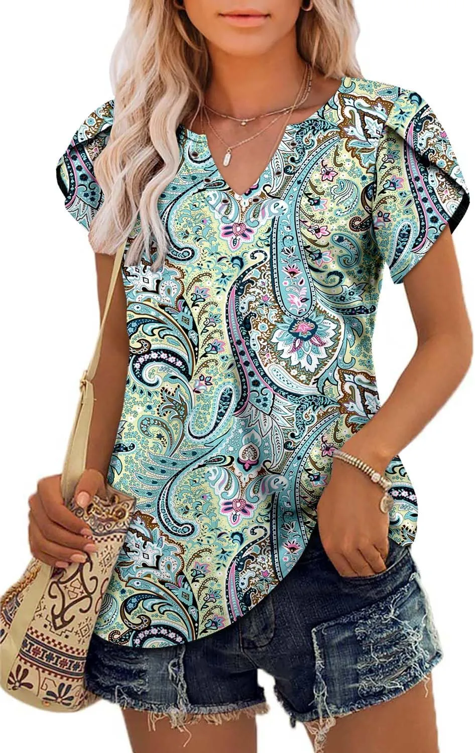 onlypuff Summer Top for Women V Neck Short Sleeve Shirts Flowy Tunic Tops