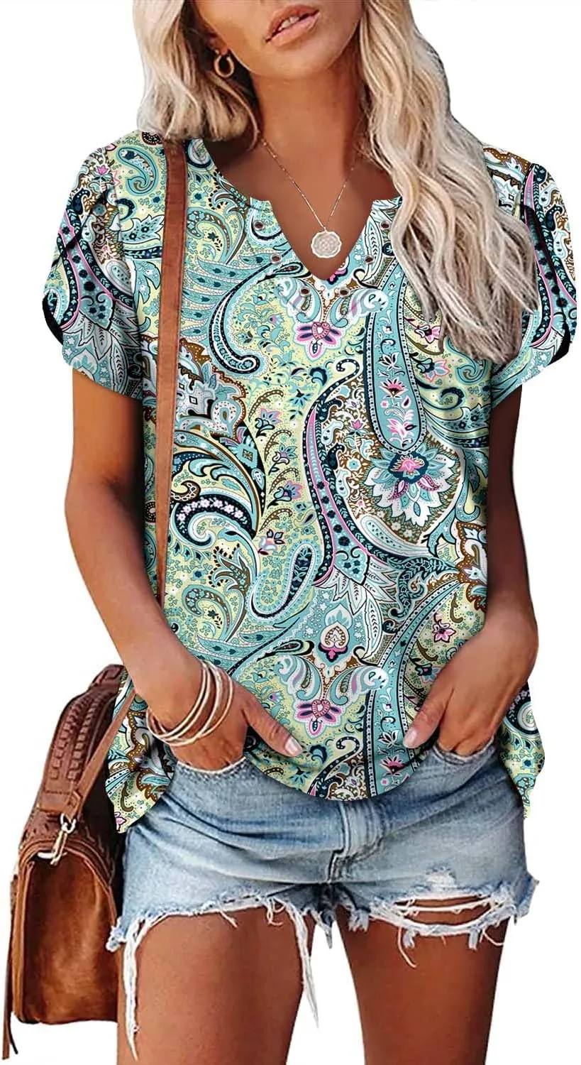 onlypuff Summer Top for Women V Neck Short Sleeve Shirts Flowy Tunic Tops