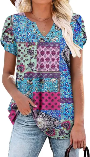 onlypuff Summer Top for Women V Neck Short Sleeve Shirts Flowy Tunic Tops