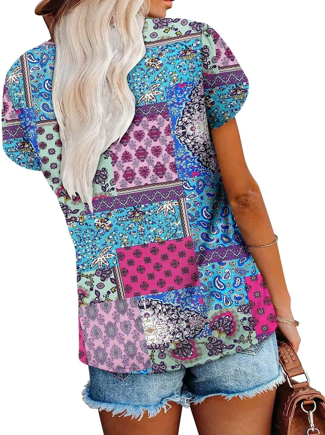 onlypuff Summer Top for Women V Neck Short Sleeve Shirts Flowy Tunic Tops