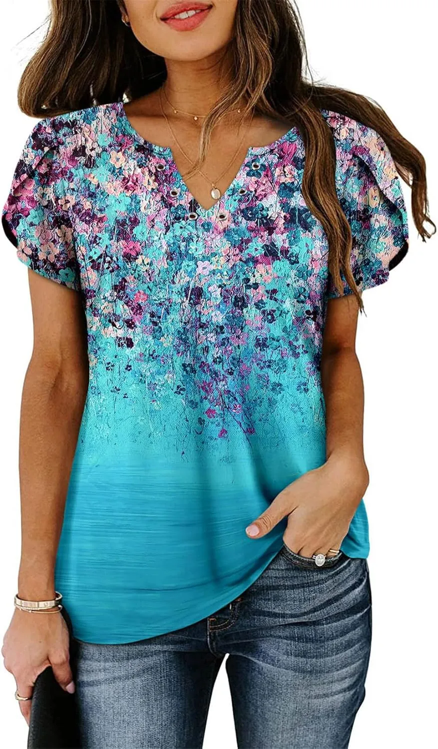 onlypuff Summer Top for Women V Neck Short Sleeve Shirts Flowy Tunic Tops