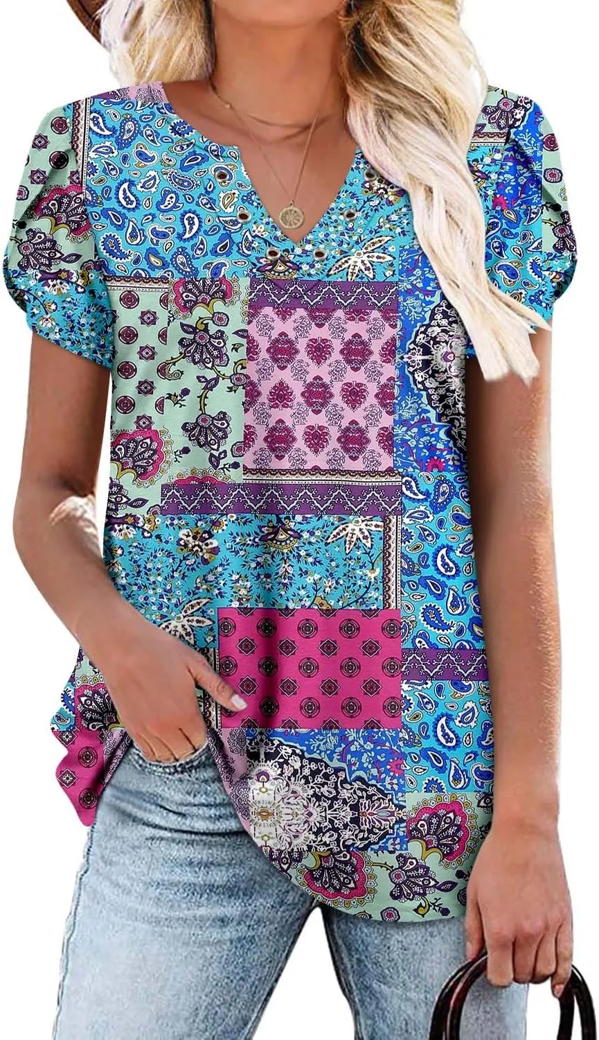 onlypuff Summer Top for Women V Neck Short Sleeve Shirts Flowy Tunic Tops
