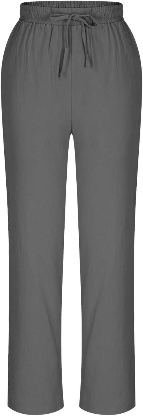 Oplxuo Cotton Linen Pants for Women Casual Straight Leg Elastic Waist Drawstring Trousers Beach Summer Pants with Pockets