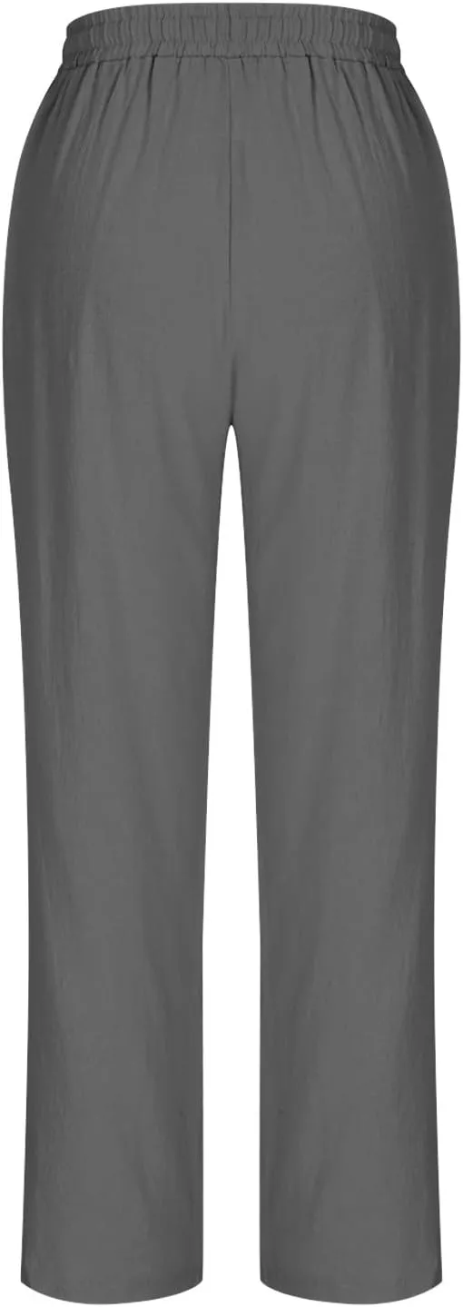 Oplxuo Cotton Linen Pants for Women Casual Straight Leg Elastic Waist Drawstring Trousers Beach Summer Pants with Pockets