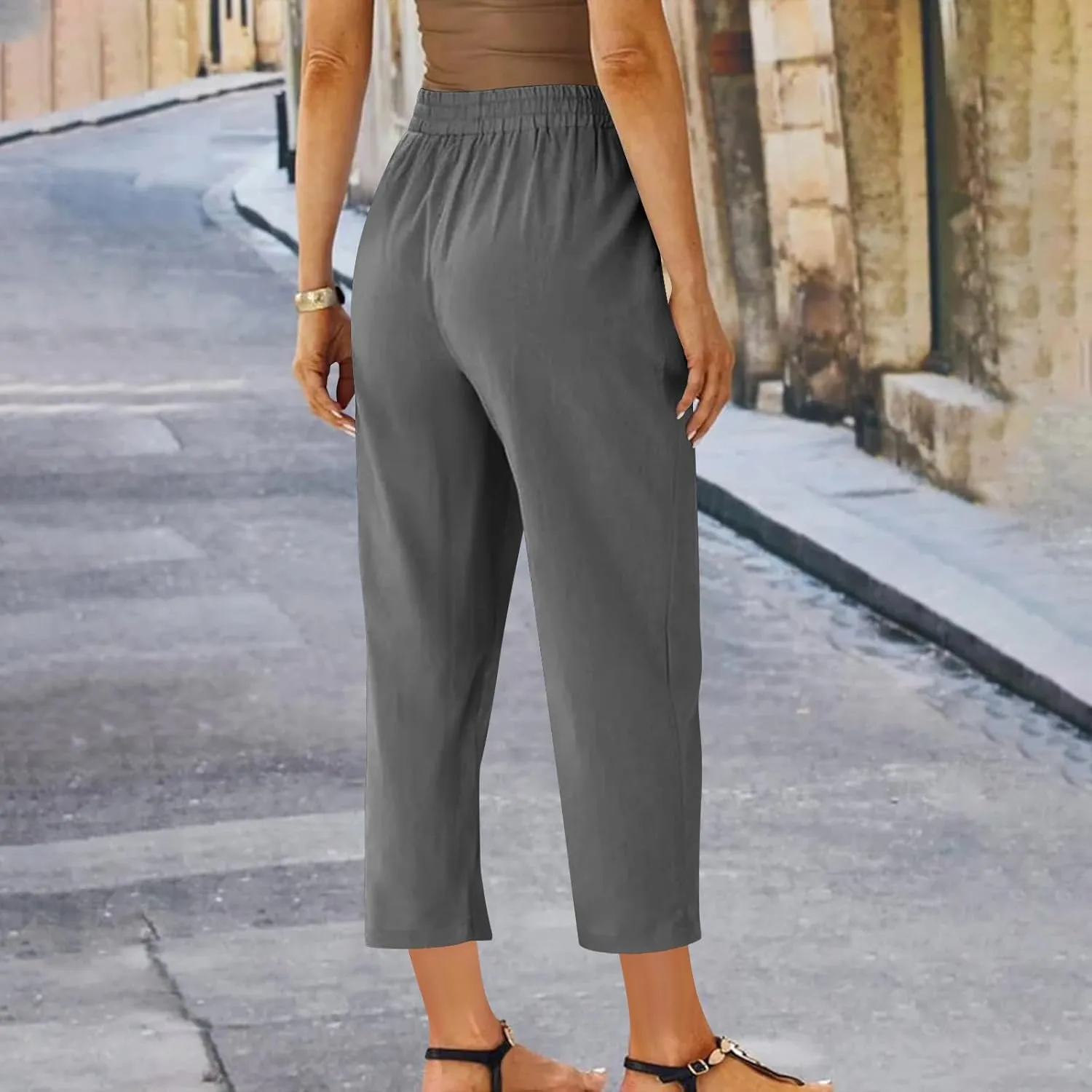 Oplxuo Cotton Linen Pants for Women Casual Straight Leg Elastic Waist Drawstring Trousers Beach Summer Pants with Pockets