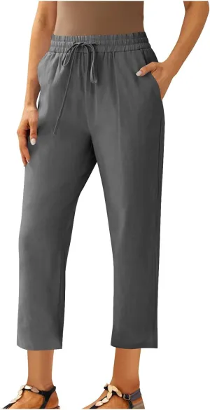 Oplxuo Cotton Linen Pants for Women Casual Straight Leg Elastic Waist Drawstring Trousers Beach Summer Pants with Pockets
