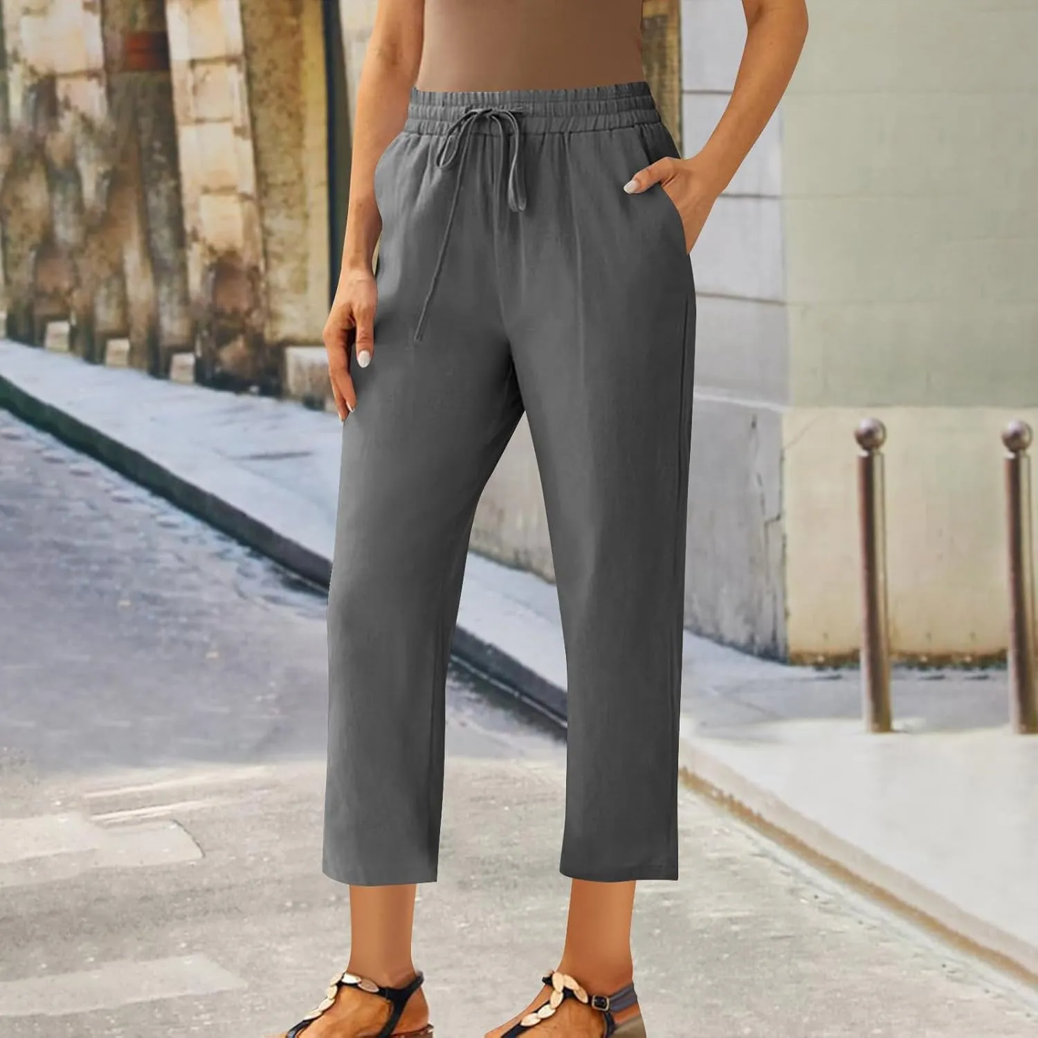 Oplxuo Cotton Linen Pants for Women Casual Straight Leg Elastic Waist Drawstring Trousers Beach Summer Pants with Pockets