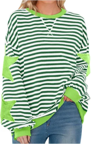 Oversized Sweatshirt for Women 2024 Fall Crewneck Star Striped Top Long Sleeve Preppy Y2K Hoodies Lightweight