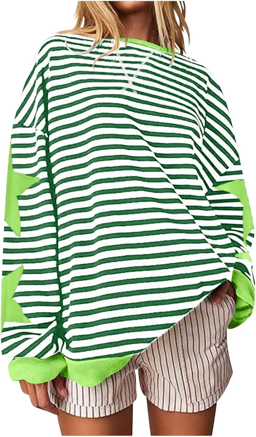 Oversized Sweatshirt for Women 2024 Fall Crewneck Star Striped Top Long Sleeve Preppy Y2K Hoodies Lightweight