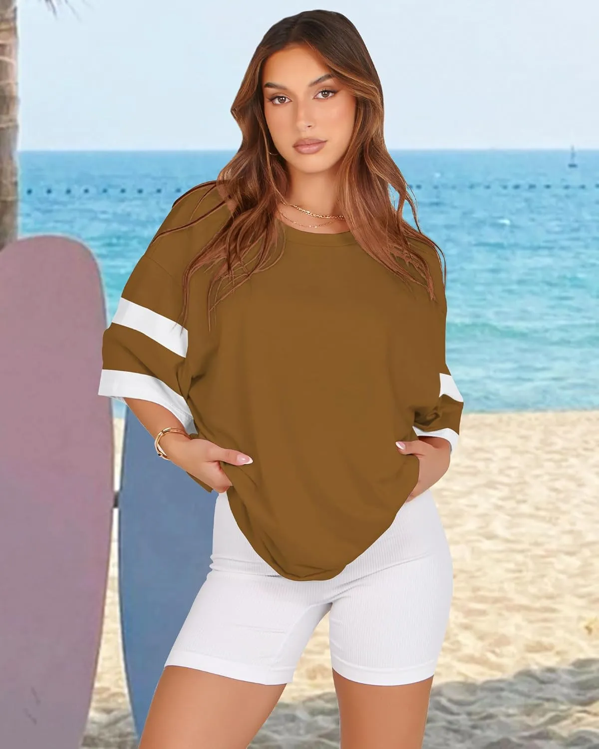 Oversized Tshirts for Women Summer Round Neck Striped Loose Tee Tops