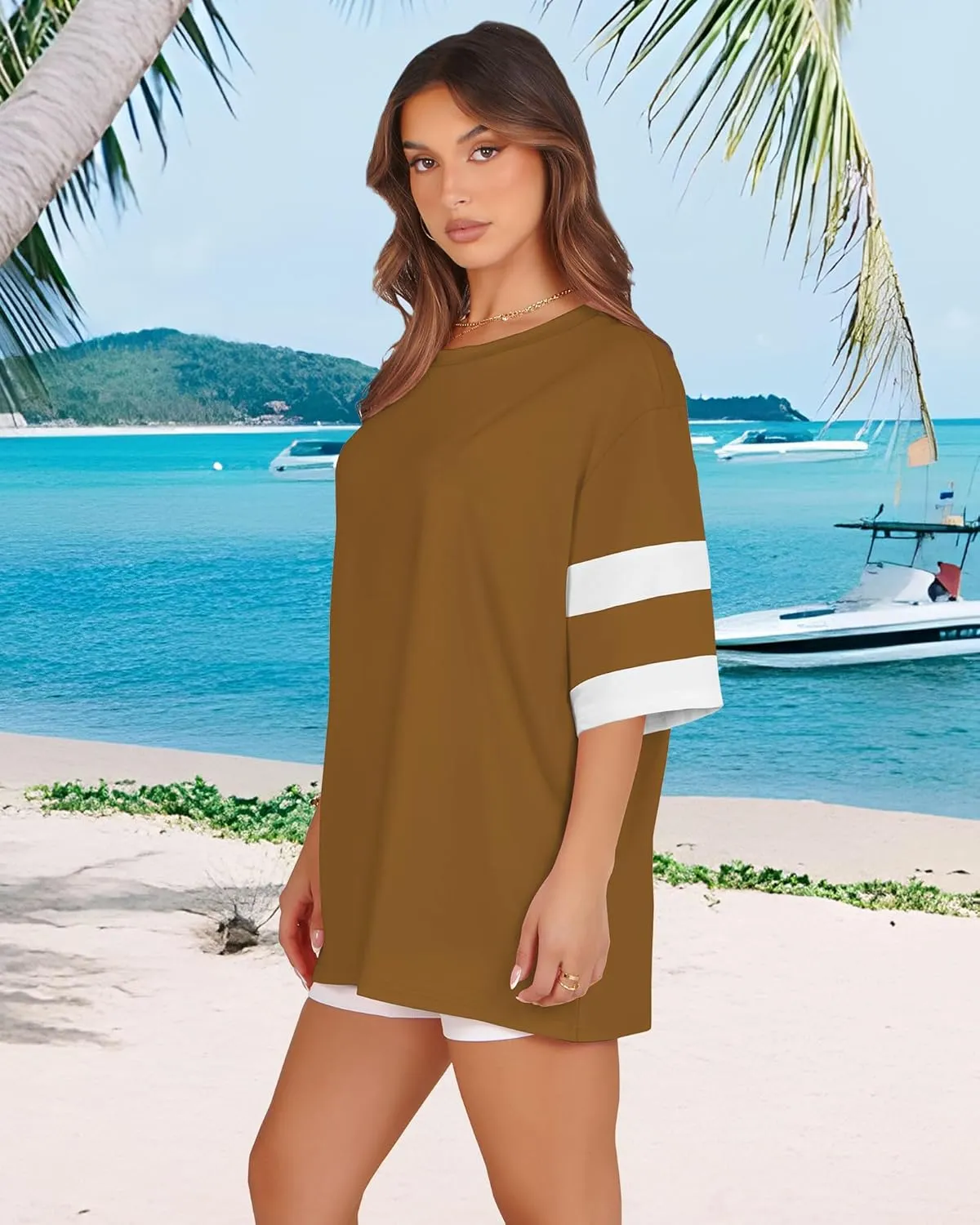 Oversized Tshirts for Women Summer Round Neck Striped Loose Tee Tops